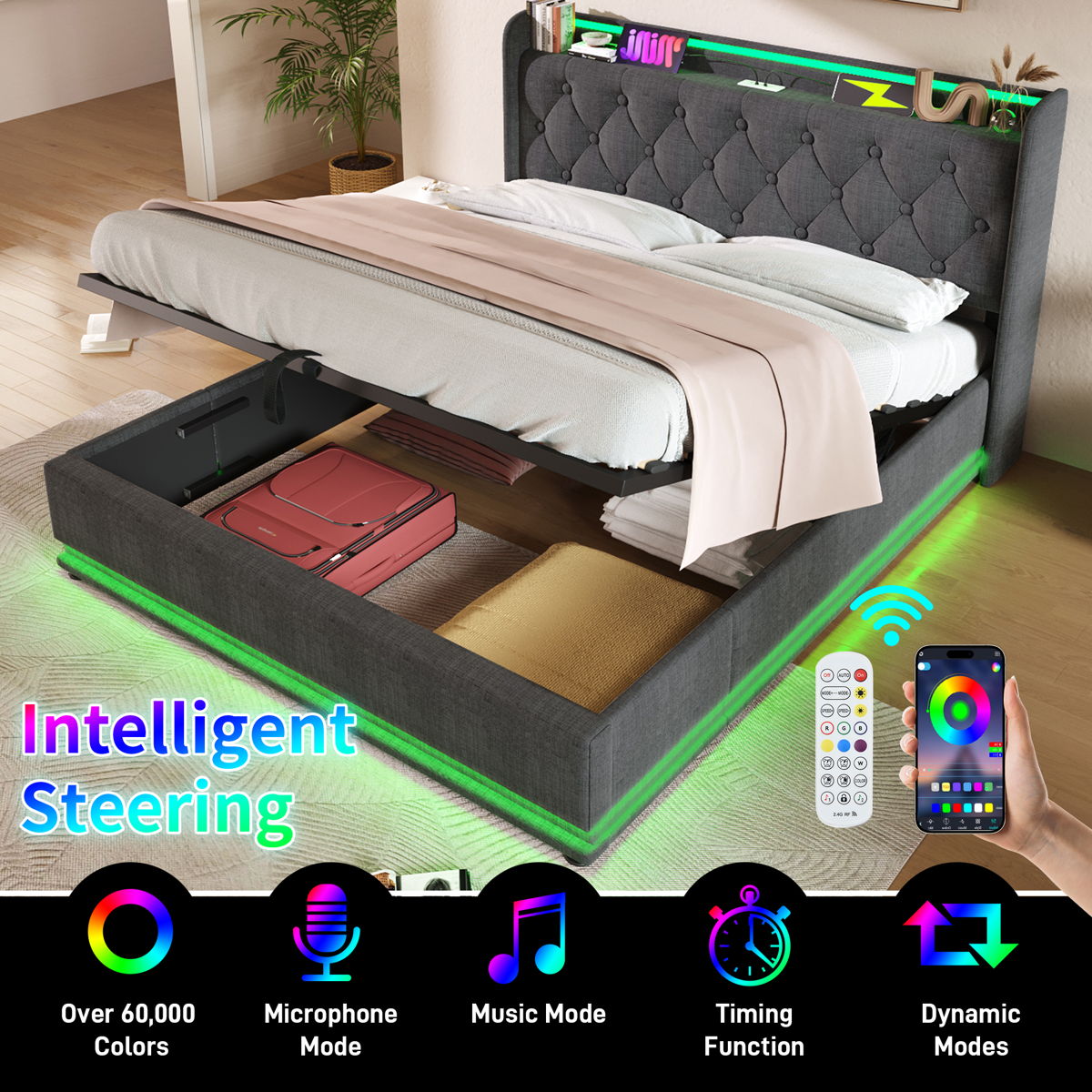 Upholstered Bed, 360 Surround LED Function, Remote Control, Hydraulic Storage Bed With USB, Type-C Charging (Without Mattress) - Image 6
