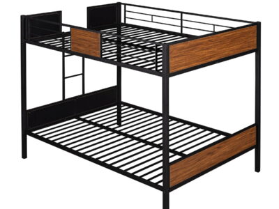 Full Over Full Bunk Bed Modern Style Steel Frame Bunk Bed With Safety Rail, Built-In Ladder For Bedroom - Brown