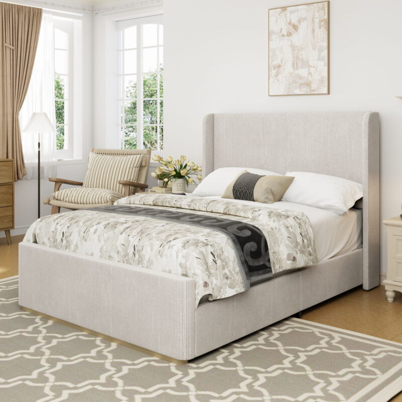 King Size Luxurious Corduroy Upholstered Bed Frame With Vertical Stripe Wingback Headboard And High Footboard - Light Gray - Image 2