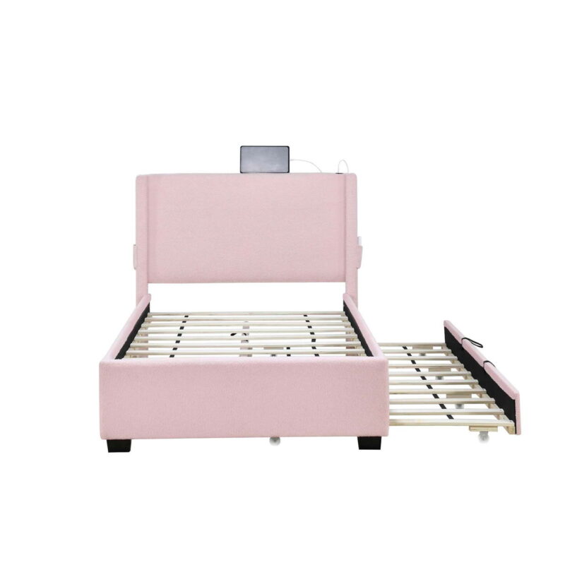 Twin Size Upholstered Bed Frame With Trundle Bed, Teddy Fabric, USB Functionality, And A Pocket Design On The Side Of The Headboard For Storing Small Items - Baby Pink - Image 2