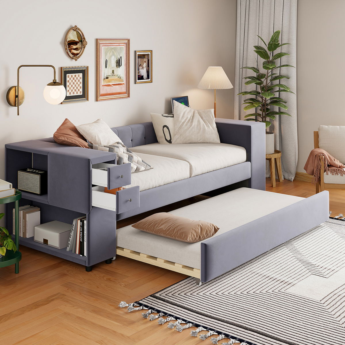 Upholstered Bed With Storage And Twin Trundle, USB Charging Ports - Image 3