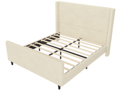 Corduroy Upholstered Bed Frame With Vertical Stripe Wingback And High Footboard