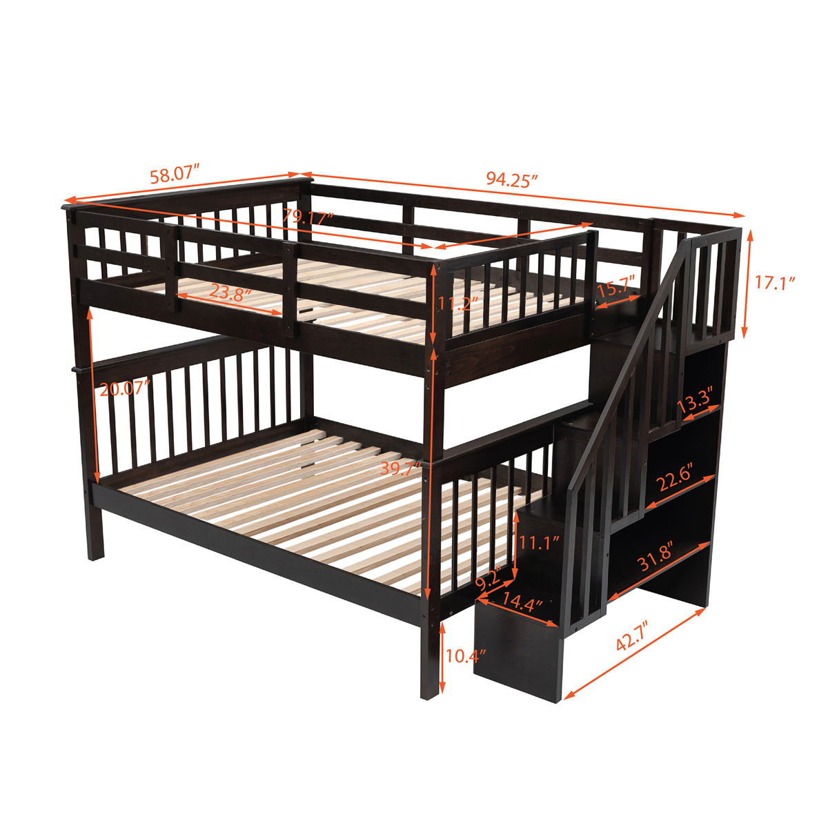 Stairway Bunk Bed With Storage And Guard Rail For Bedroom - Image 7