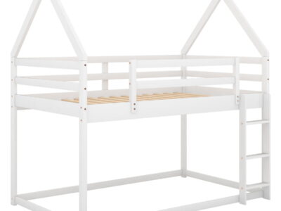 Twin Over Twin Low Bunk Bed, House Bed With Ladder - White