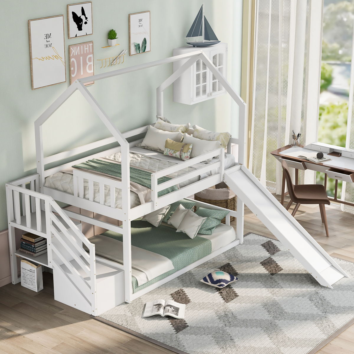 Twin Over Twin House Bunk Bed With Convertible Slide, Storage Staircase - Image 3