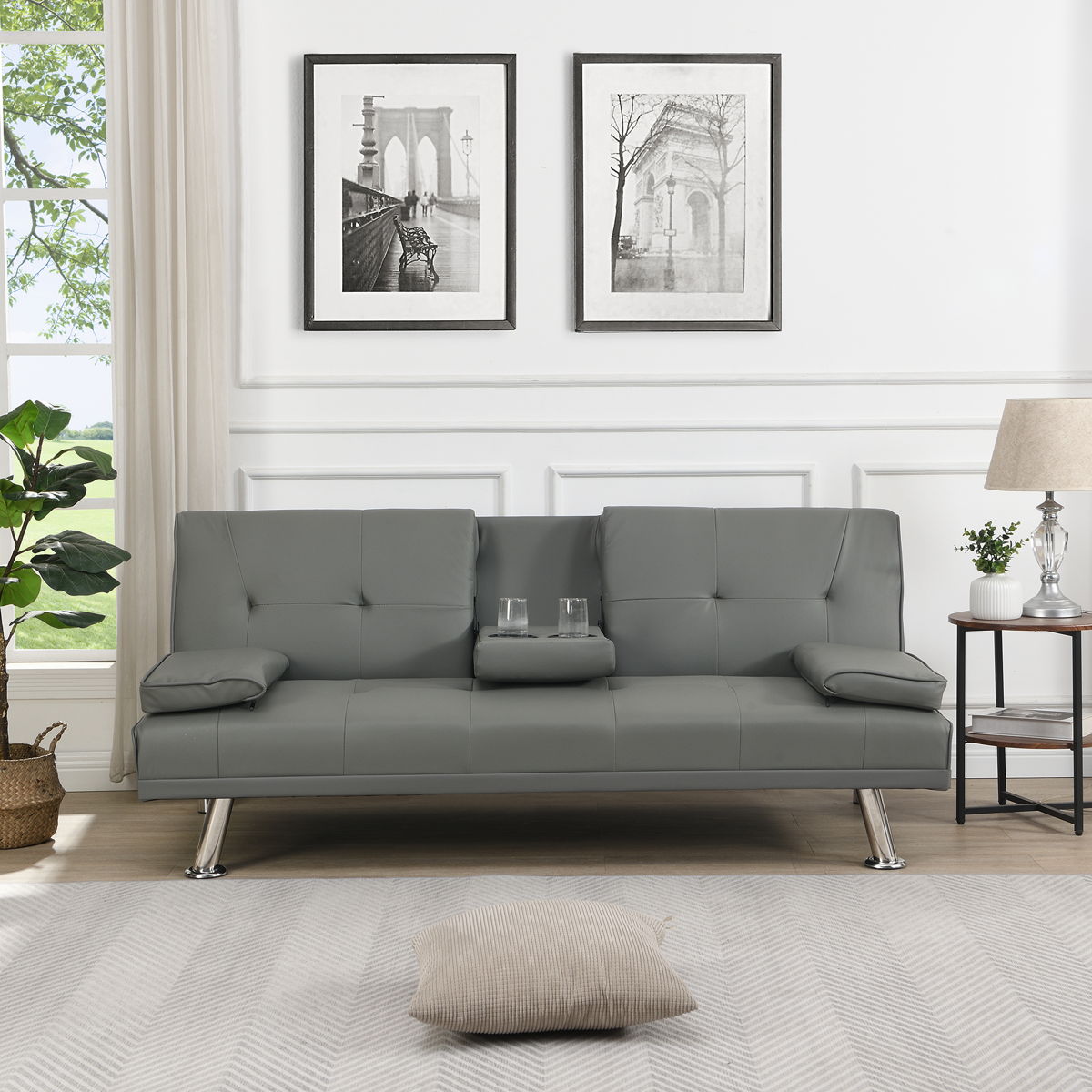 Modern Sofa Bed With Armrest 2 Holders, Wood Frame & Stainless Leg - Image 2