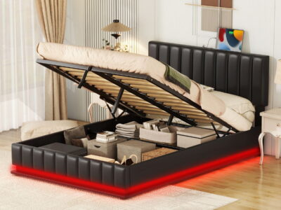 Upholstered Bed With Hydraulic Storage System And LED Light, With Sockets And USB Ports