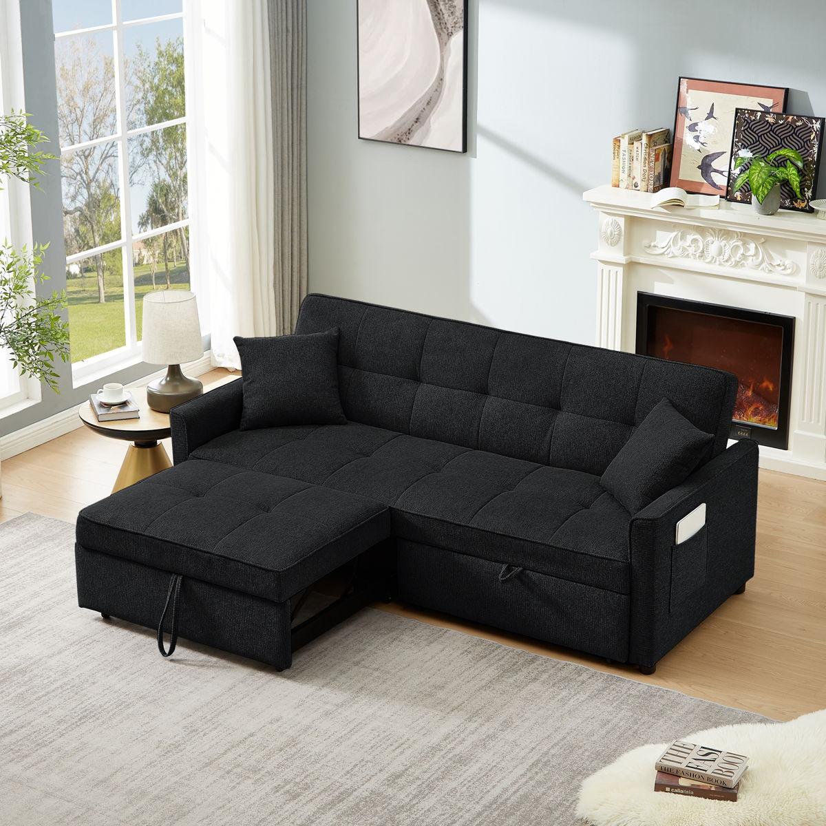 3 In 1 Convertible Sleeper Sofa Bed, Reclining Backrest, Pillows, Pockets - Image 4