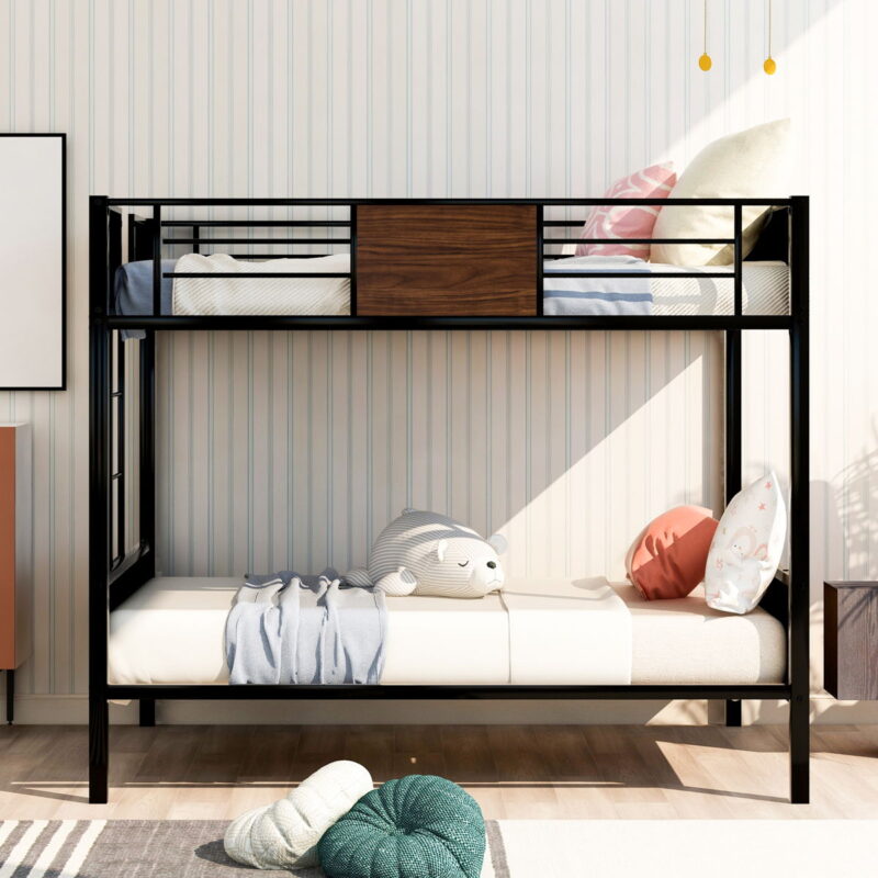 Full Over Full Bunk Bed Modern Style Steel Frame Bunk Bed With Safety Rail, Built-In Ladder For Bedroom - Brown - Image 2