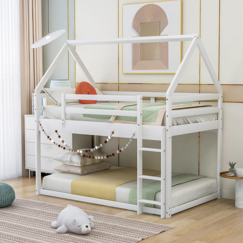 Twin Over Twin Low Bunk Bed, House Bed With Ladder - White - Image 3