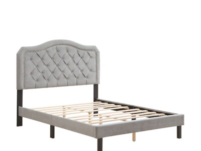 Queen Platform Upholstered Bed Button Tufted With Curve Design, Strong Wood Slat Support - Gray