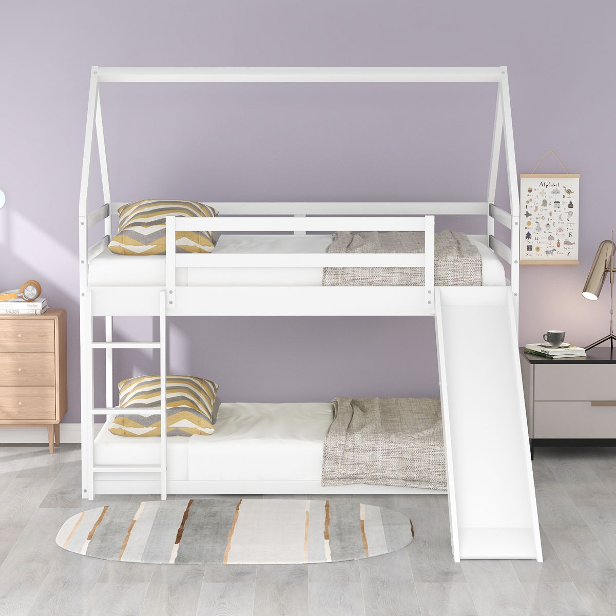 Twin Size Bunk House Bed With Slide And Ladder - White - Image 2