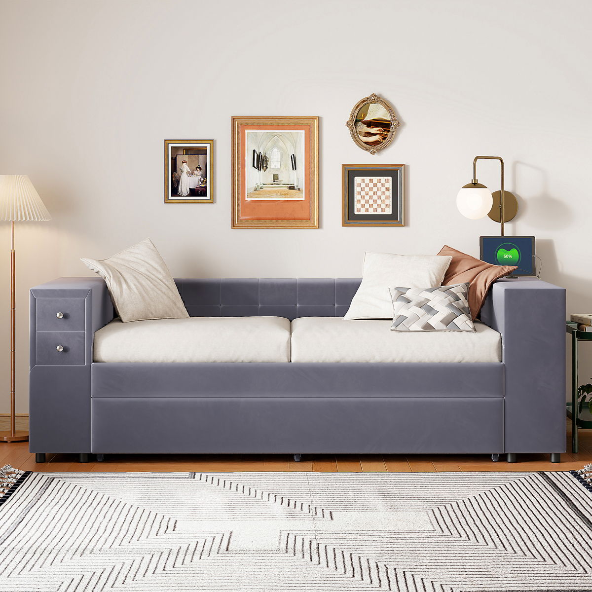 Upholstered Bed With Storage And Twin Trundle, USB Charging Ports - Image 7