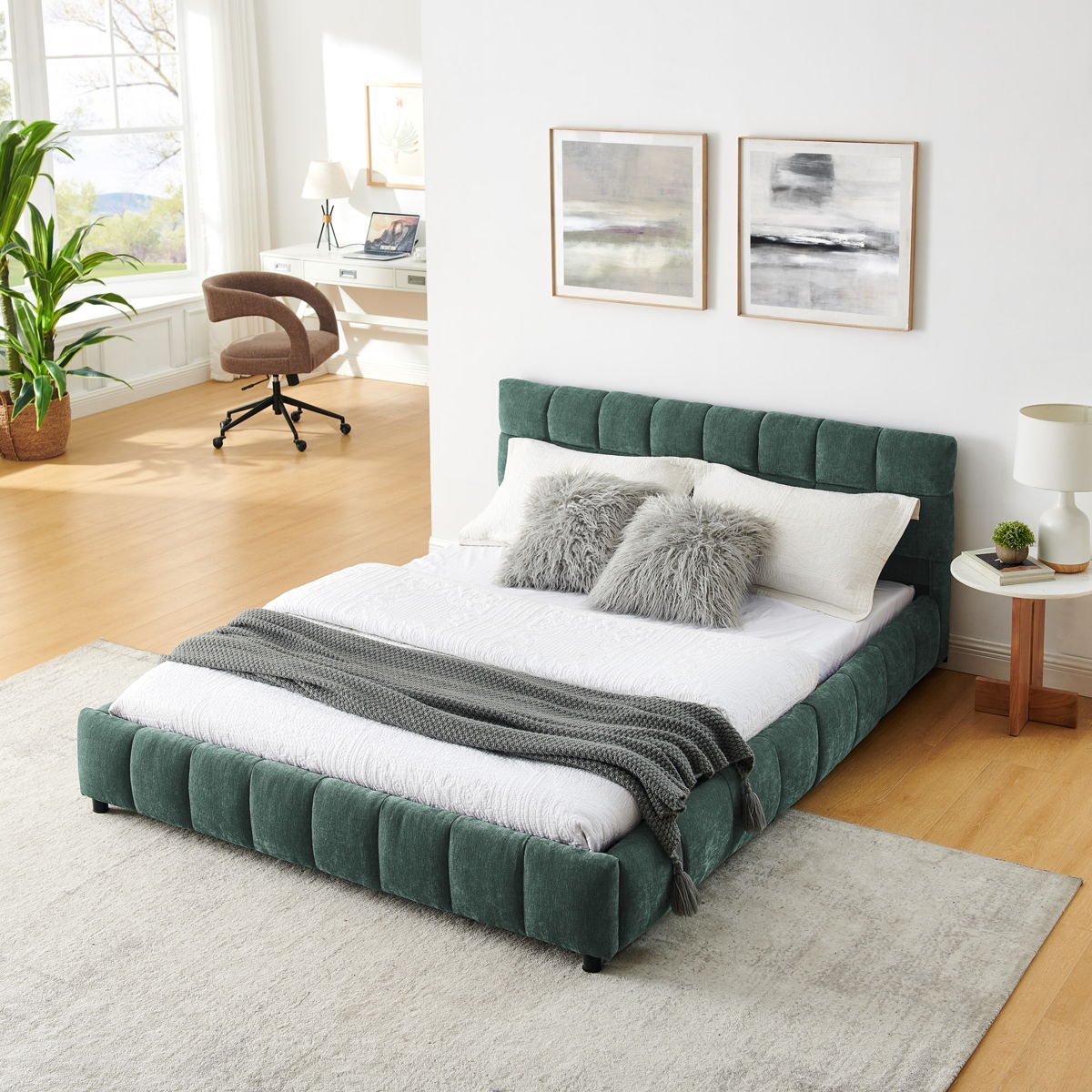 Modern Platform Bed Frame With Thick Chenille Fabric - Image 9