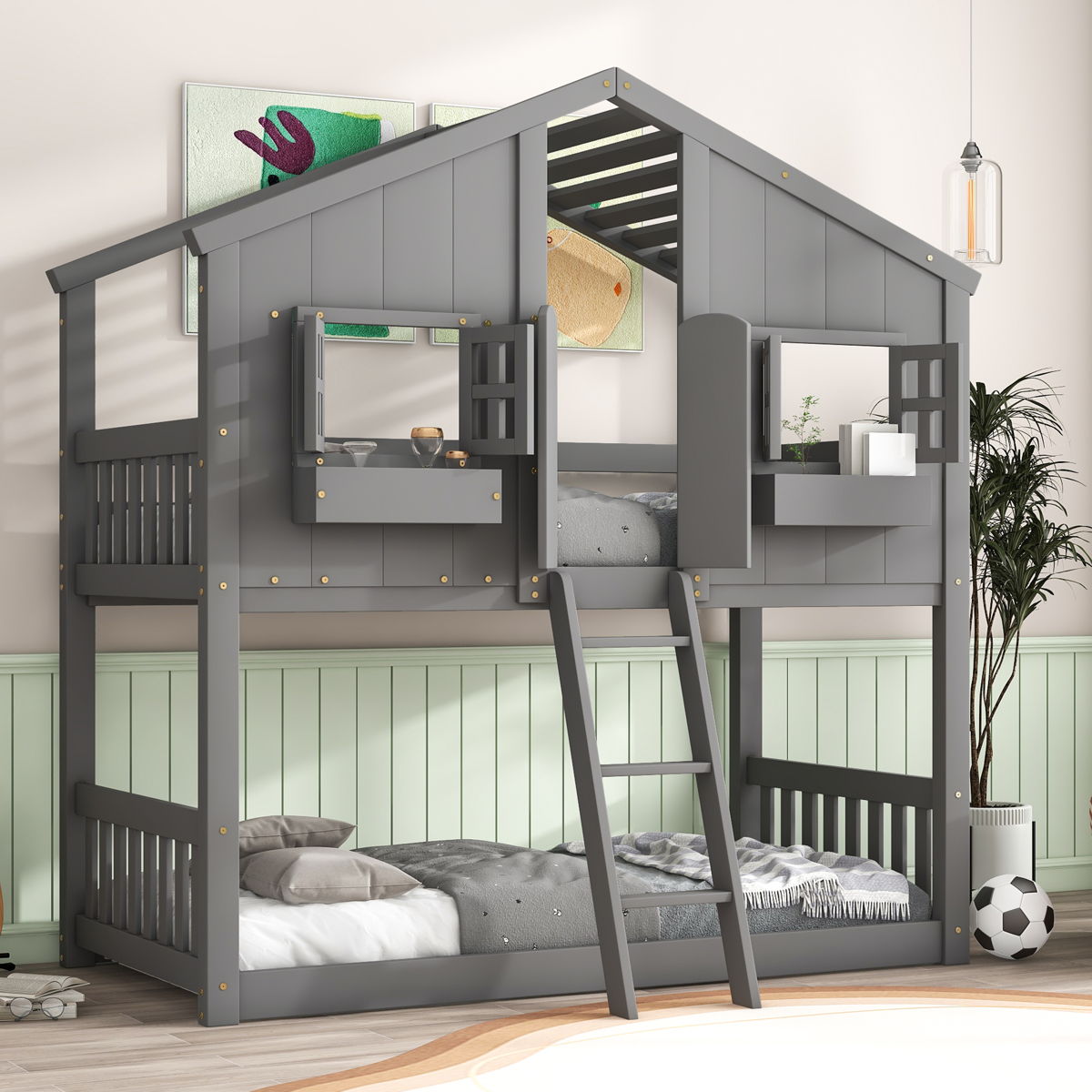 House Bunk Bed With Roof, Window, Window Box, Door, With Safety Guardrails And Ladder - Image 10