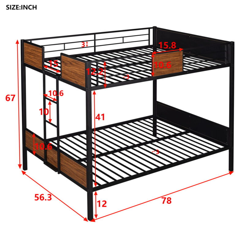Full Over Full Bunk Bed Modern Style Steel Frame Bunk Bed With Safety Rail, Built-In Ladder For Bedroom - Brown - Image 4