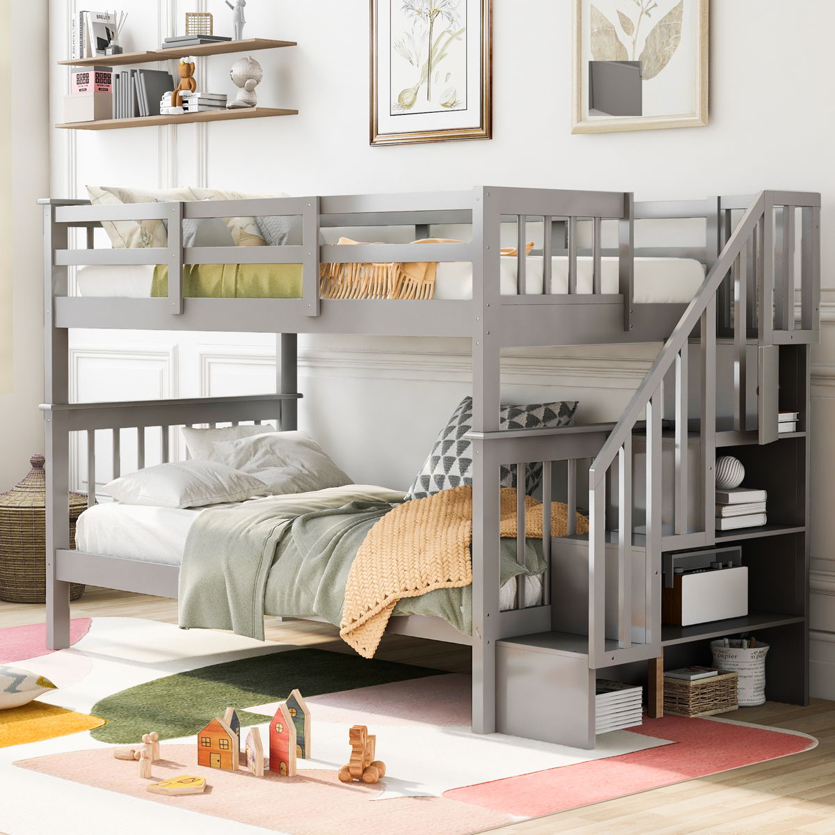 Stairway Bunk Bed With Storage And Guard Rail For Bedroom - Image 21