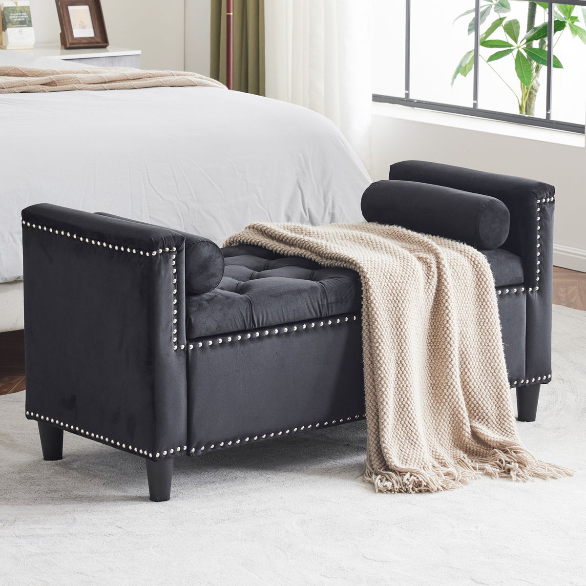Queen Velvet Button Bedside Storage Bench With Armrests, Nailhead Trim - Image 7