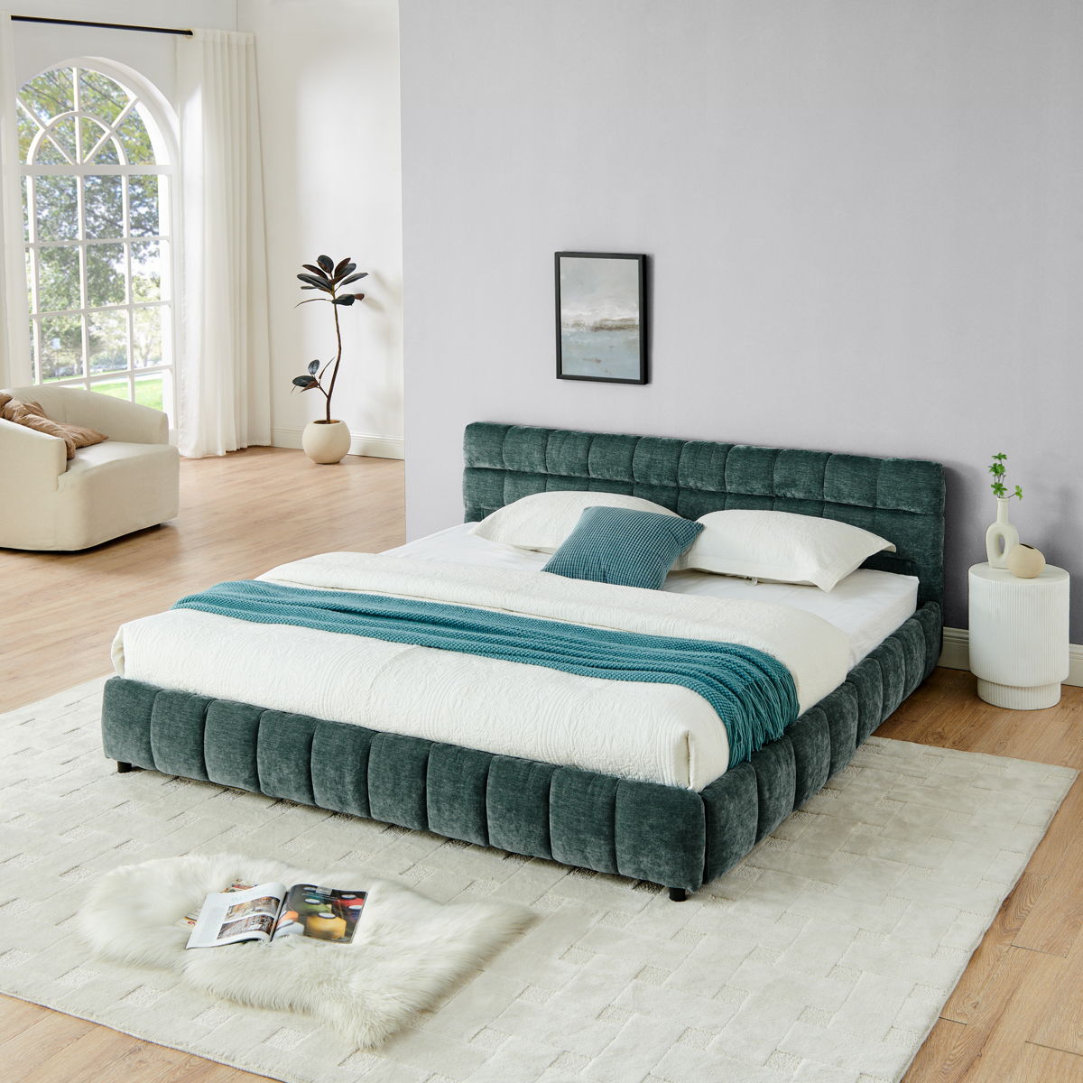 Modern Platform Bed Frame With Thick Chenille Fabric - Image 12