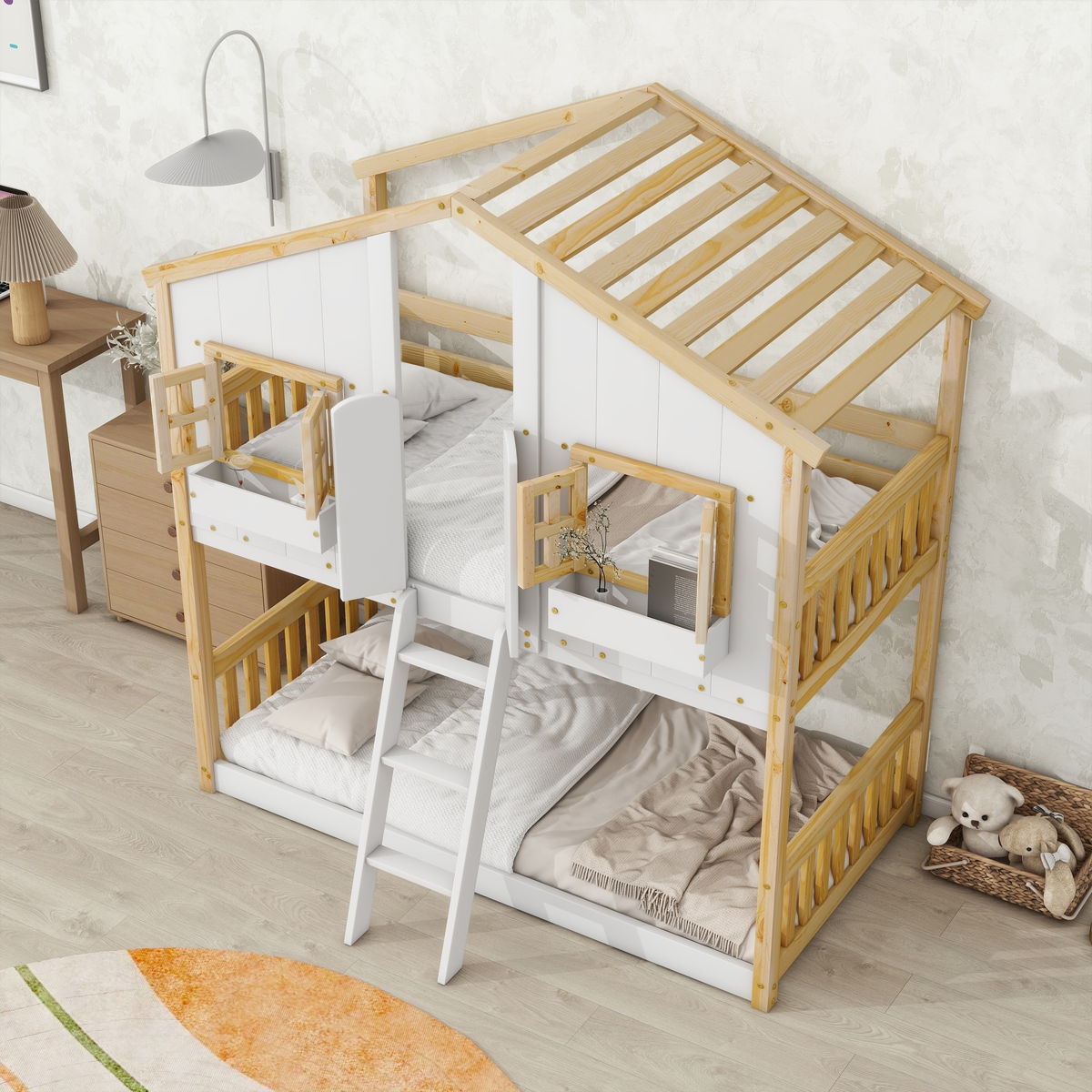 House Bunk Bed With Roof, Window, Window Box, Door, With Safety Guardrails And Ladder - Image 7