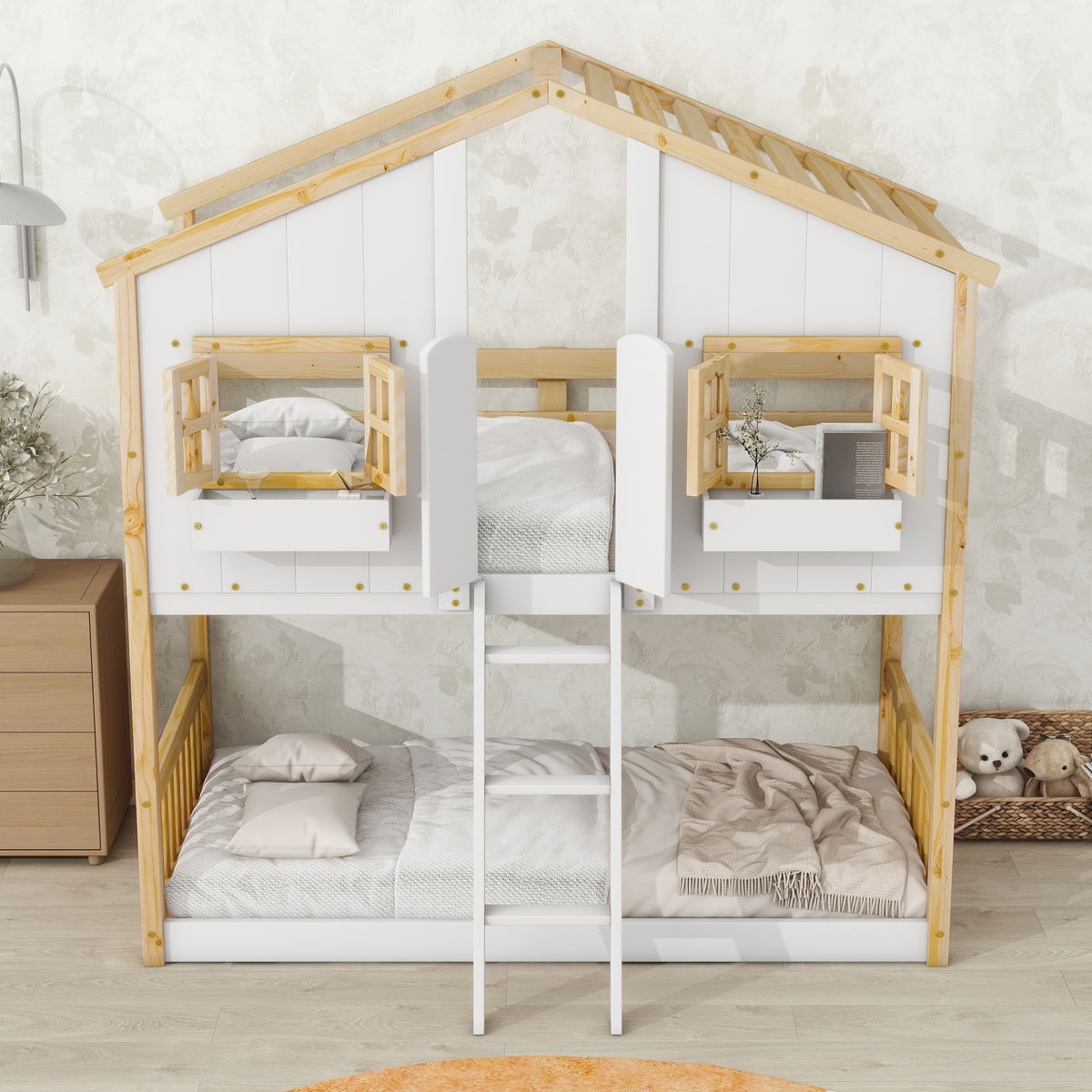 House Bunk Bed With Roof, Window, Window Box, Door, With Safety Guardrails And Ladder - Image 5