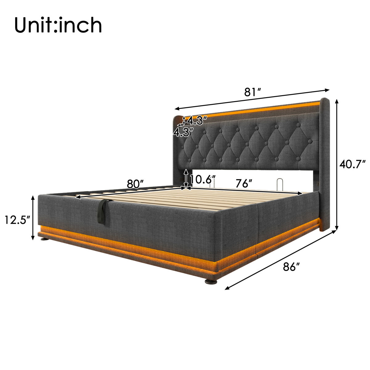 Upholstered Bed, 360 Surround LED Function, Remote Control, Hydraulic Storage Bed With USB, Type-C Charging (Without Mattress) - Image 4