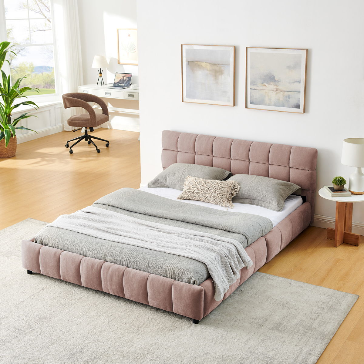 Modern Platform Bed Frame With Thick Chenille Fabric - Image 19