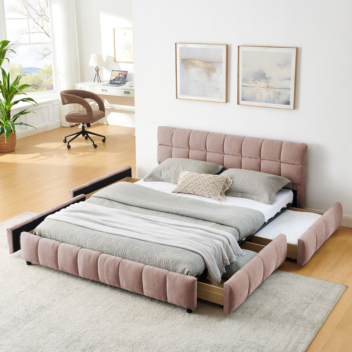 Modern Platform Bed Frame With Thick Chenille Fabric - Image 5