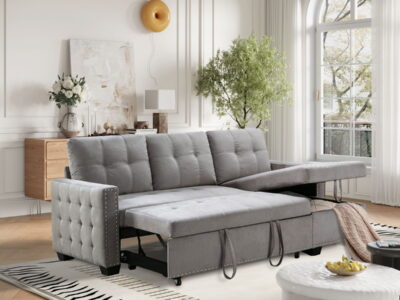 Reversible Sectional Storage Sleeper Sofa Bed, L-Shape 2 Seat Sectional Chaise With Storage, Skin-Feeling Velvet Fabric