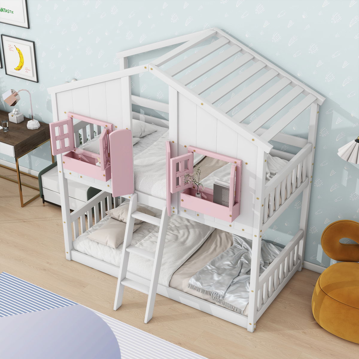 House Bunk Bed With Roof, Window, Window Box, Door, With Safety Guardrails And Ladder - Image 3