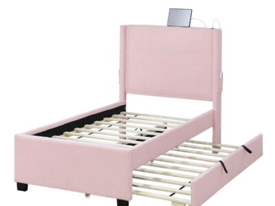 Twin Size Upholstered Bed Frame With Trundle Bed, Teddy Fabric, USB Functionality, And A Pocket Design On The Side Of The Headboard For Storing Small Items - Baby Pink