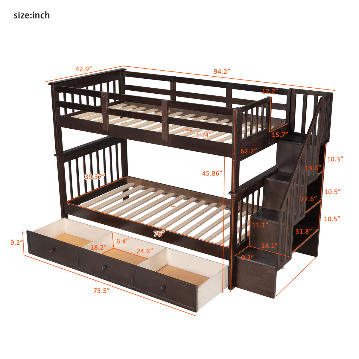 Stairway Bunk Bed With Storage And Guard Rail For Bedroom - Image 17
