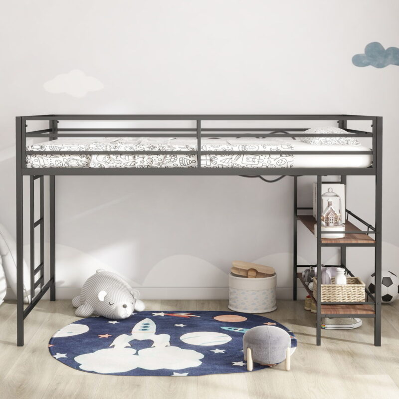 Adam - Junior Twin Loft Bunk Bed With Cinnamon Wood Shelf - Black - Image 4