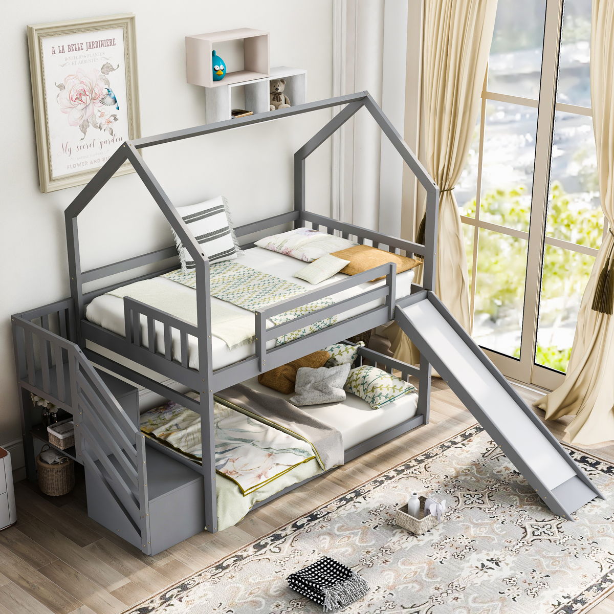 Twin Over Twin House Bunk Bed With Convertible Slide, Storage Staircase - Image 2