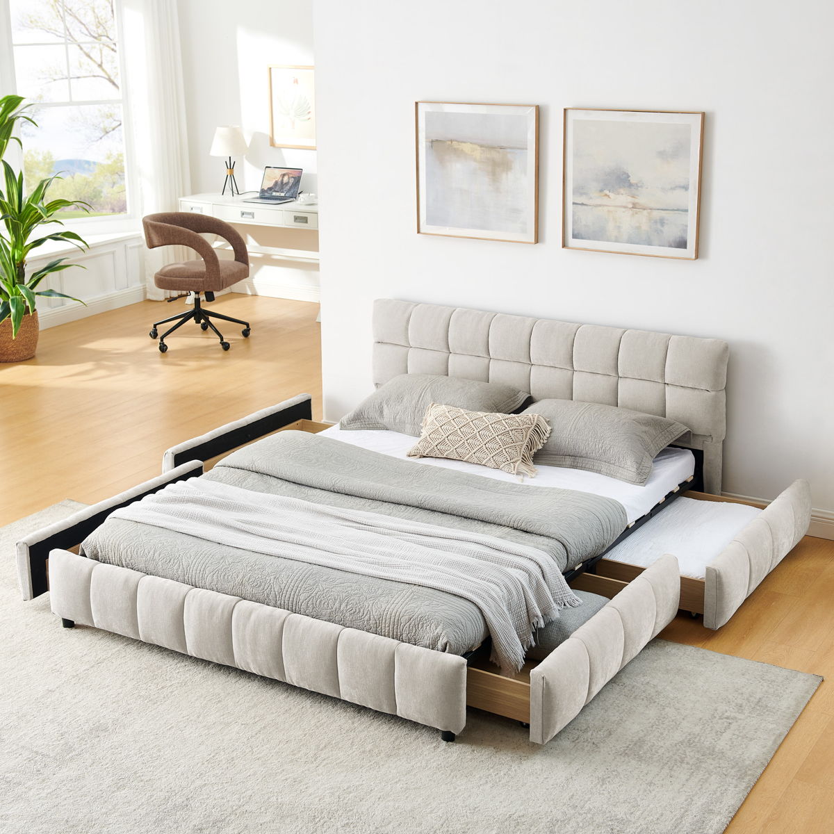 Modern Platform Bed Frame With Thick Chenille Fabric - Image 14
