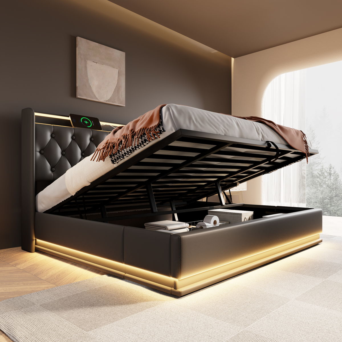 Upholstered Bed, 360 Surround LED Function, Remote Control, Hydraulic Storage Bed With USB, Type-C Charging (Without Mattress) - Image 5