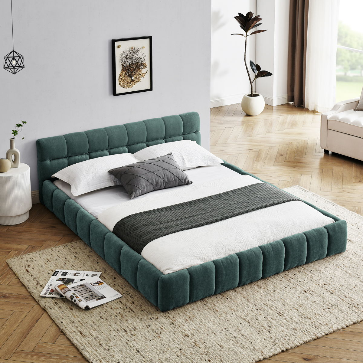 Modern Platform Bed Frame With Thick Chenille Fabric - Image 15