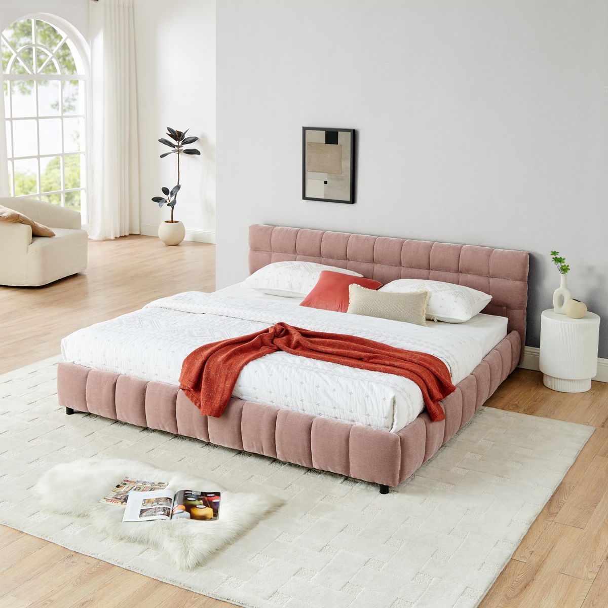 Modern Platform Bed Frame With Thick Chenille Fabric - Image 7