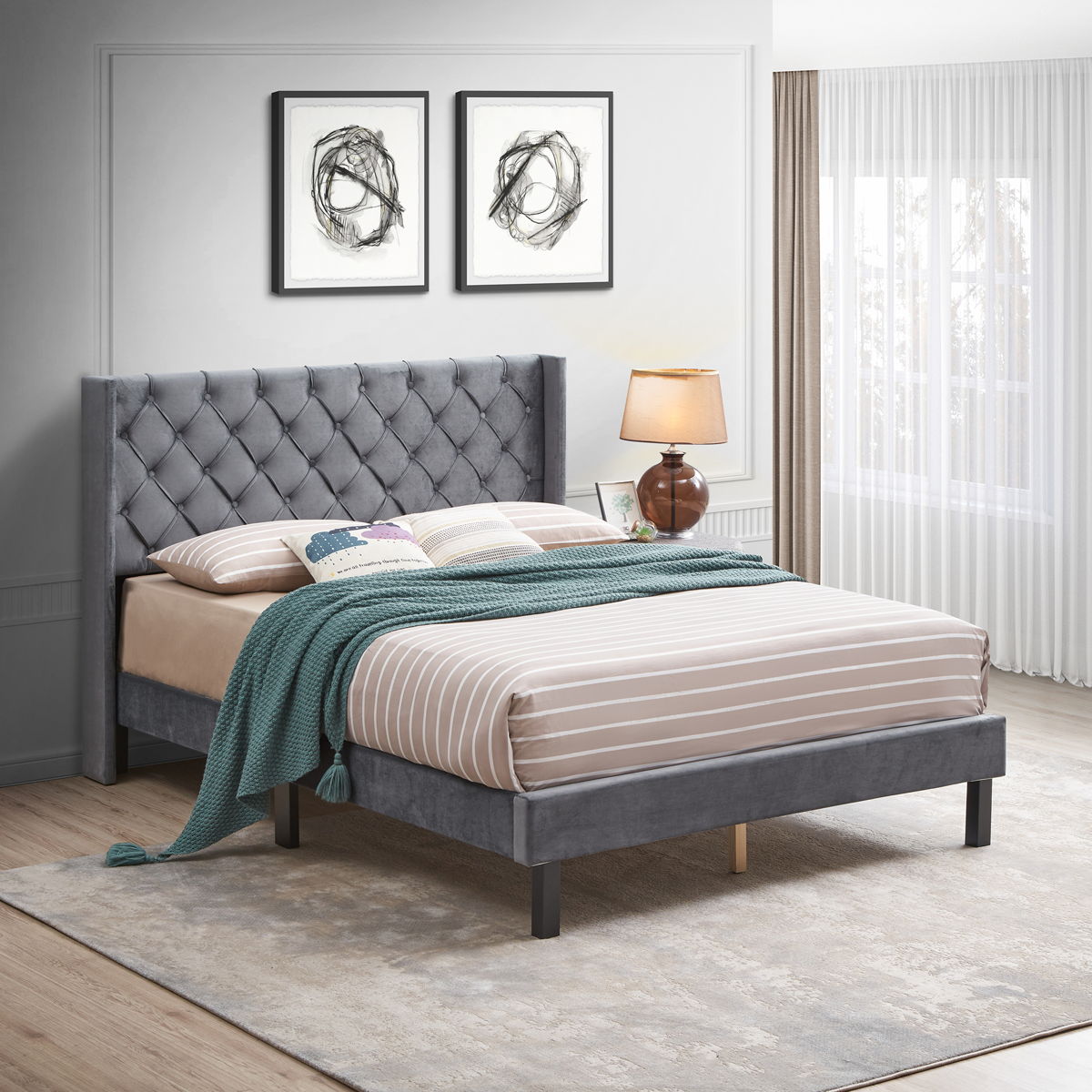 Velvet Button Tufted-Upholstered Bed With Wings Design Strong Wood Slat Support Queen Platform Bed - Gray - Image 3