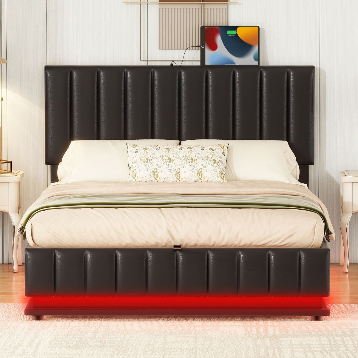 Upholstered Bed With Hydraulic Storage System And LED Light, With Sockets And USB Ports - Image 7
