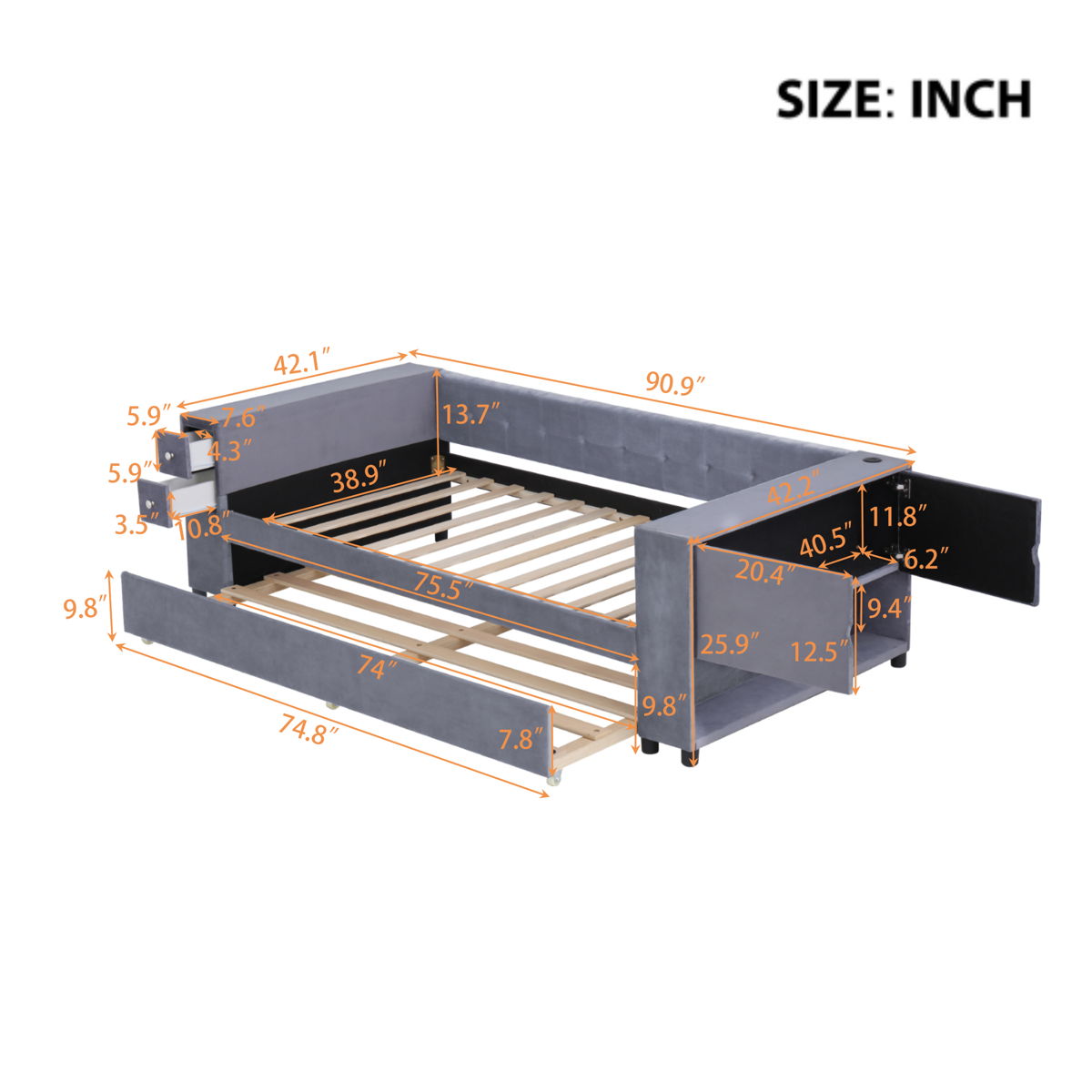 Upholstered Bed With Storage And Twin Trundle, USB Charging Ports - Image 6