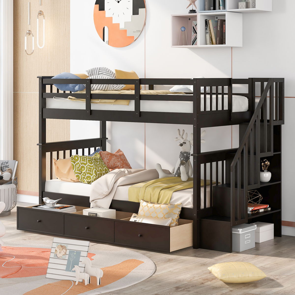 Stairway Bunk Bed With Storage And Guard Rail For Bedroom - Image 24