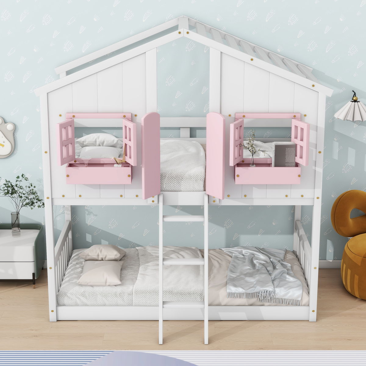 House Bunk Bed With Roof, Window, Window Box, Door, With Safety Guardrails And Ladder - Image 9