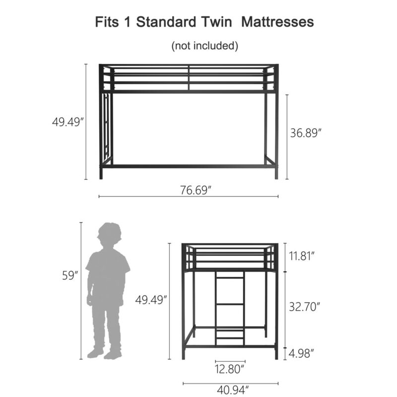Adam - Junior Twin Loft Bunk Bed With Cinnamon Wood Shelf - Black - Image 2