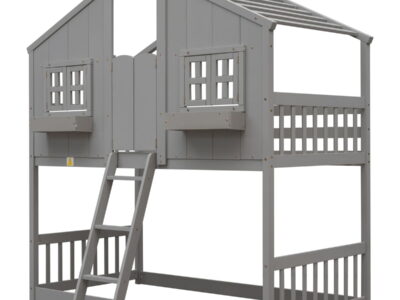 House Bunk Bed With Roof, Window, Window Box, Door, With Safety Guardrails And Ladder