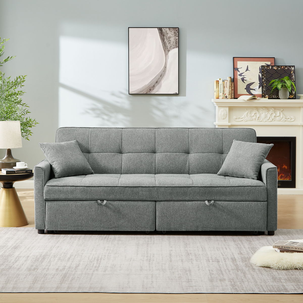 3 In 1 Convertible Sleeper Sofa Bed, Reclining Backrest, Pillows, Pockets - Image 6