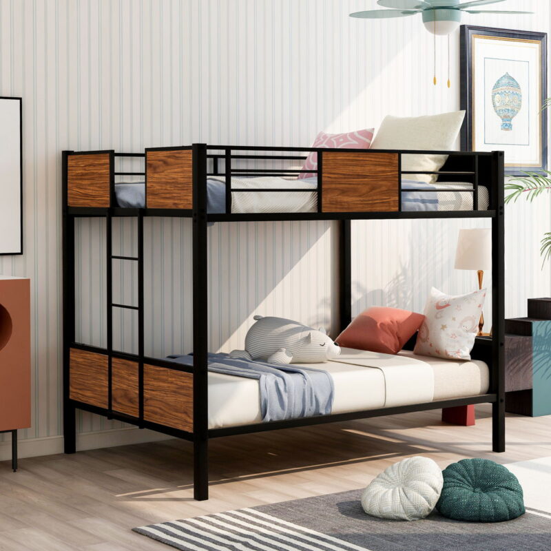 Full Over Full Bunk Bed Modern Style Steel Frame Bunk Bed With Safety Rail, Built-In Ladder For Bedroom - Brown - Image 3