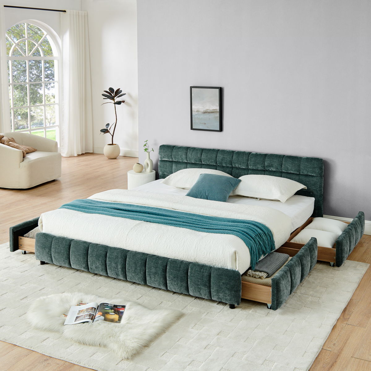 Modern Platform Bed Frame With Thick Chenille Fabric - Image 20
