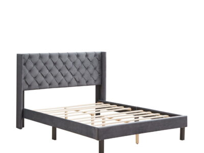 Queen Platform Tufted Upholstered Bed With Wings Design, Strong Wood Slat Support - Gray