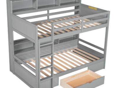 Twin Size Bunk Bed With Built-In Shelves Beside Both Upper And Down Bed And Storage Drawer